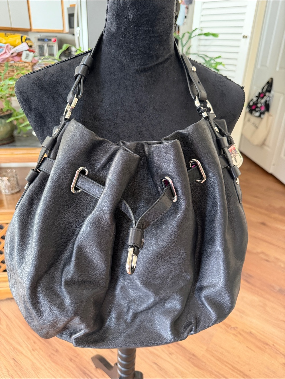 Cole-Haan Black Leather Drawstring Shoulder Bag, EUC
